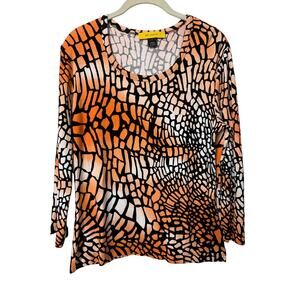 St. John Orange Black White Pattern 3/4 Sleeve Knit Top Sz Medium